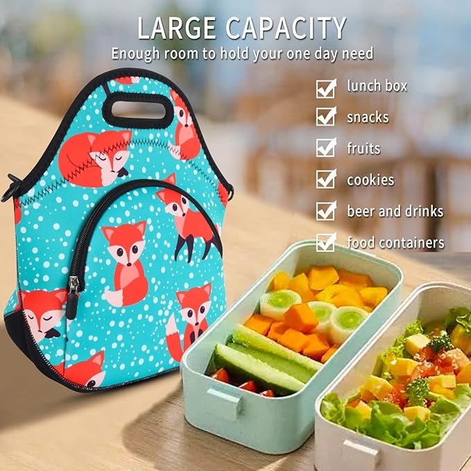 Violet Mist Neoprene Lunch Bag, Snow Fox, Unisex, Meal Holder, 12.6"L x 11.8"H x 6.14"W, Adjustable Shoulder Strap, Easy to Clean, BPA-Free, Eco-Friendly