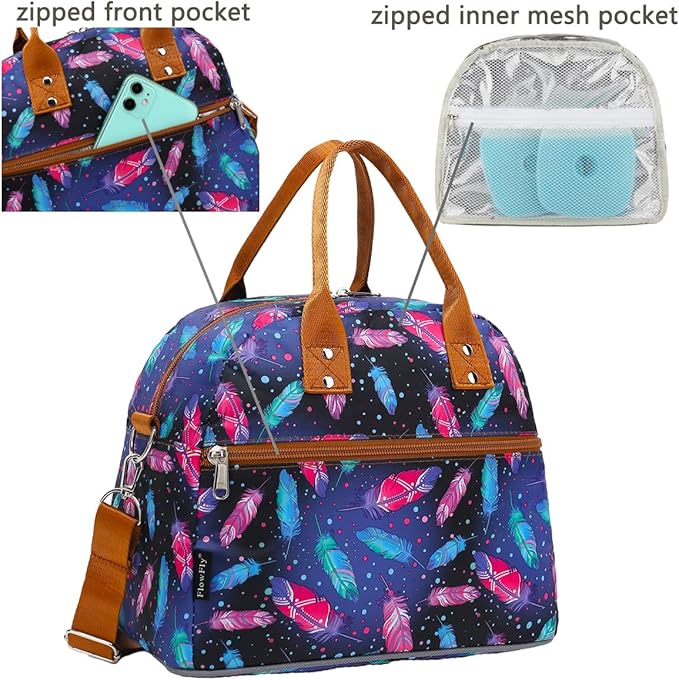 FlowFly Insulated Lunch Bag With Shoulder Strap for Women, Men, and Kids, Large and Reusable, Handle, Freezable Work and School Travel Tote and Meal Prep Organizer,Feather