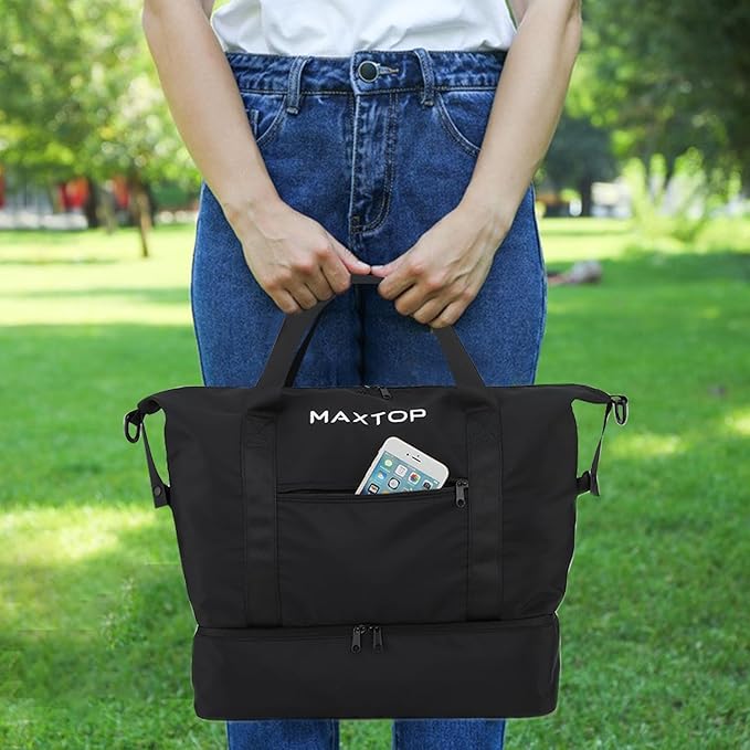 MAXTOP Travel Duffle Bag for Women Weekender Overnight Bags Large Capacity Carry On Duffel Bag With Shoe Compartment,Sports Gym Tote Bag with Dry and Wet Separation Black