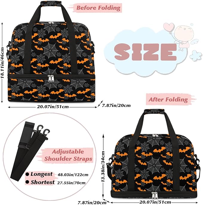 cfpolar Woman Travel Duffel Bag Halloween Bat Spider Web Foldable Tote Carry On Luggage Sports Gym Bag With Shoe Compartment Overnight Weekend Yoga Workout Bag Training Handbag