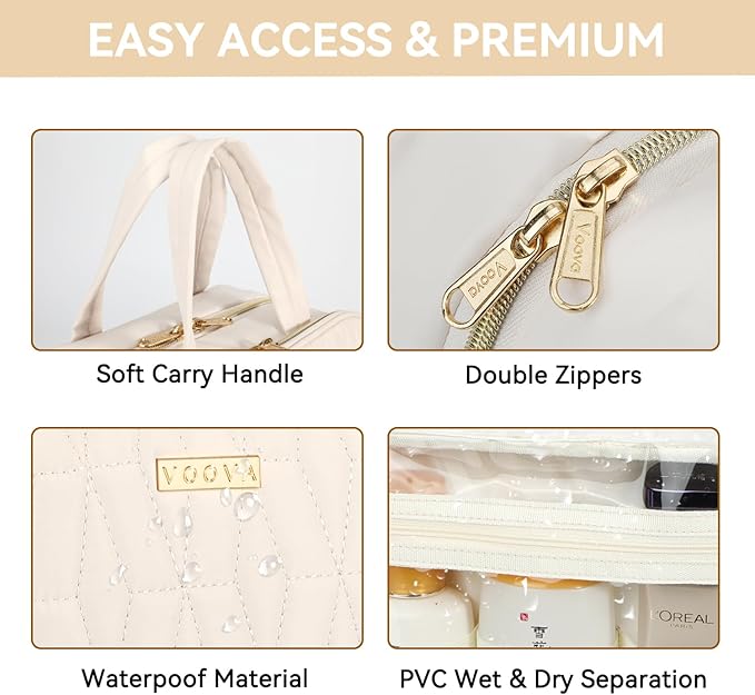 Voova Hanging Travel Toiletry Bag for Women Men, Waterproof Makeup Cosmetic Organizer Holder for Toiletries Accessories, Traveling Essentials,Shampoo,Full-Sized Container, Brushes Kit Set, Beige