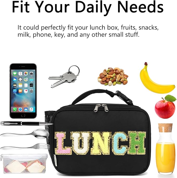 Insulated Lunch Box for School, Thermal Reusable Durable Freezable Lunch Bags for Kids Boys Girls Men Women - Small Soft Cooler Portable Lunch Tote Kit for Work Picnic Travel,Black Alphabet