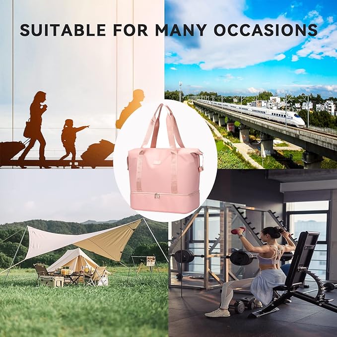 Large Travel Duffel Bag with Shoe Compartment, Gym Tote Carry on Bags for women, Lightweight Duffel Bags with Trolley Sleeve fit for Travel and Sport(Pink)