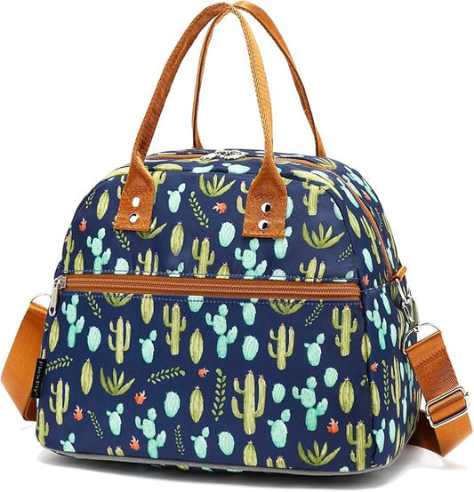 FlowFly Insulated Lunch Bag With Shoulder Strap for Women, Men, and Kids, Large and Reusable, Handle, Freezable Work and School Travel Tote and Meal Prep Organizer,Cactus