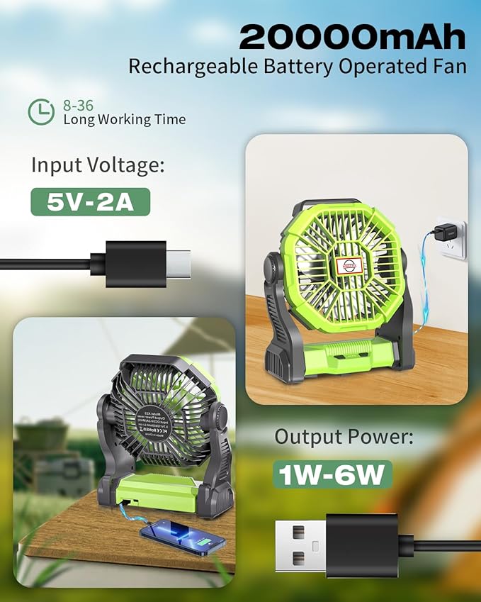 Camping Fan Rechargeable, Cordless Battery Powered Camping Fan with LED Lantern, Hanging Hook, 270°Rotation, 20000mAh Personal Battery Operated for Beach, Picnic, Fishing, Travel, Tent, BBQ