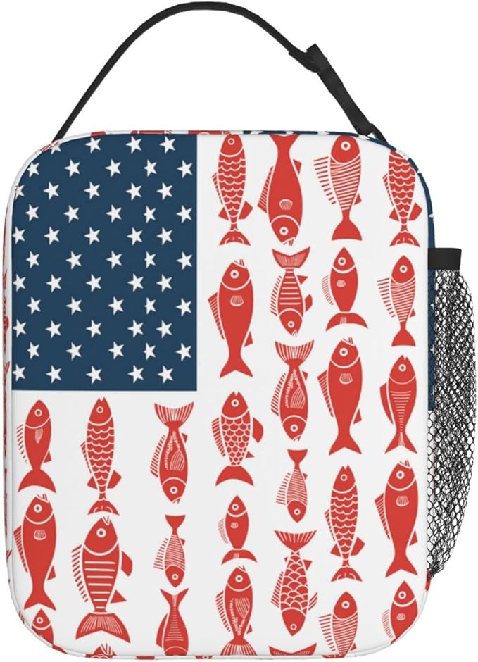 American Flag Fish Lunch Bag Insulated Reusable Lunch Box Thermal Cooler Tote For Men Women Work Travel Picnic Hiking