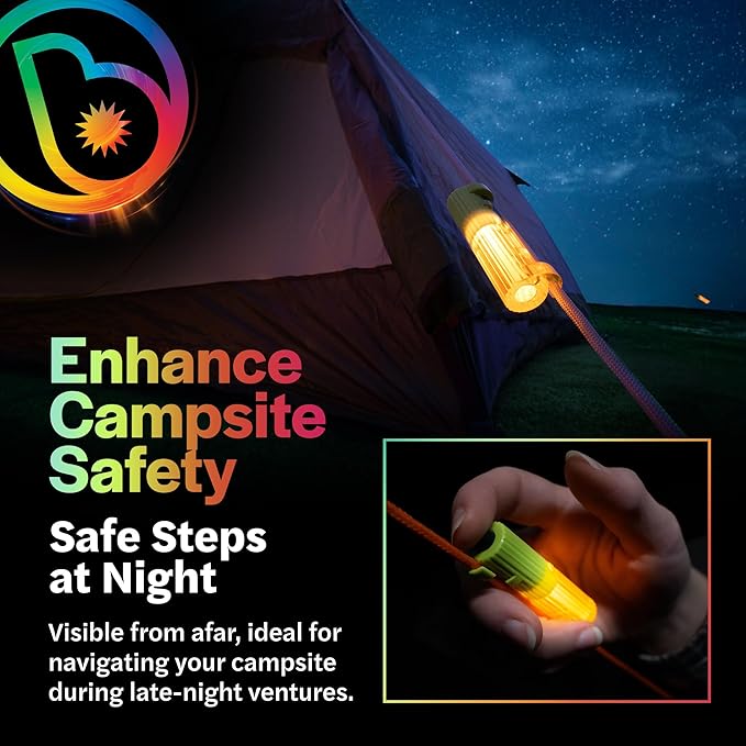 Brightz LED Tent String Lights - Keep Tent Guy-Lines Visible at Night - Campsite Safety Lights