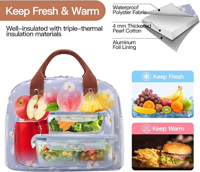 Lunch Bag Women,Insulated Lunch Box Lunch Bag for Women Men Work Adult Cute Small Lunch Tote Bag, Large Capacity Reusable Cooler Containers for Travel Picnic Office or Beach(Blue Daisy)