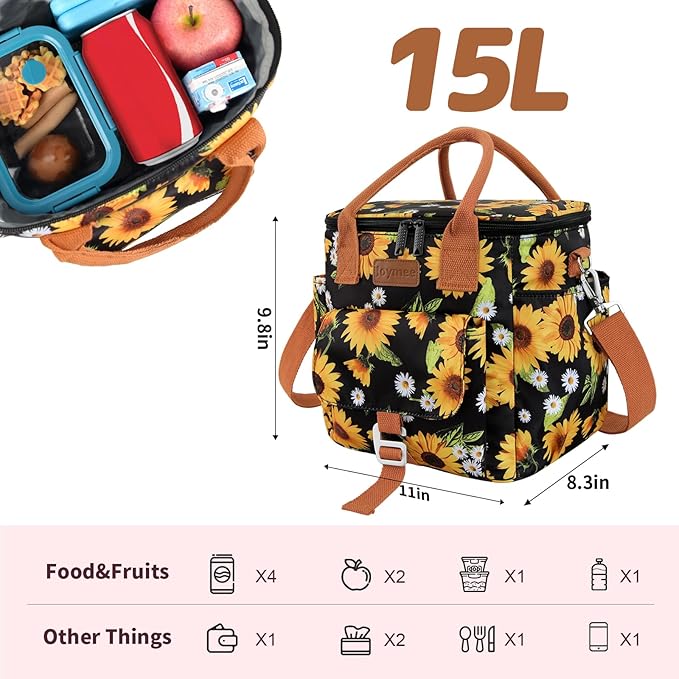 Joymee Insulated Lunch Bag for Women/Men, Waterproof Lunch Box for Office Work Picnic Beach, Reusable Large Leakproof Cooler Tote Bag with Adjustable Shoulder Strap & Side Pocket, Sunflower