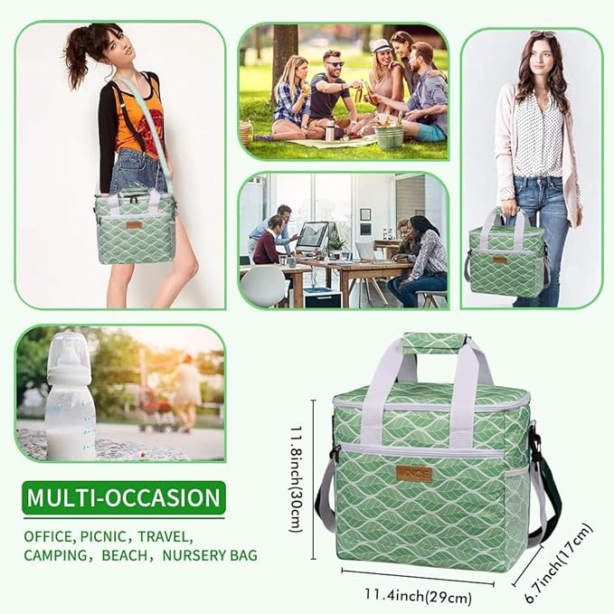 iknoe Large Cooler Bag Collapsible, 15L Insulated Bags, Leakproof Lunch Cooler Tote with Multi-Pockets for Adult, Insulated Lunch Box for Beach, Picnic, Work, Green Wave 24-Can