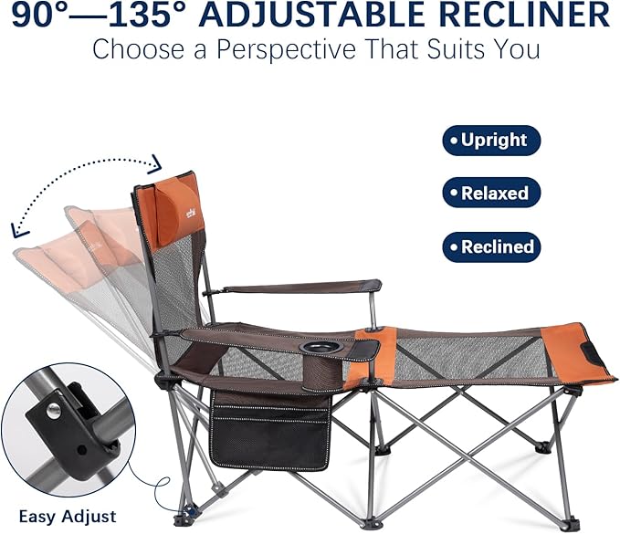 apollo walker Camping Chairs for Adults - 6 Legged Beach Chair with Foot Rest, Breathable Mesh, Adjustable 90° - 135° Reclining Lounge Chair Outdoor, Folding Chairs for Outside with Detachable Pillow