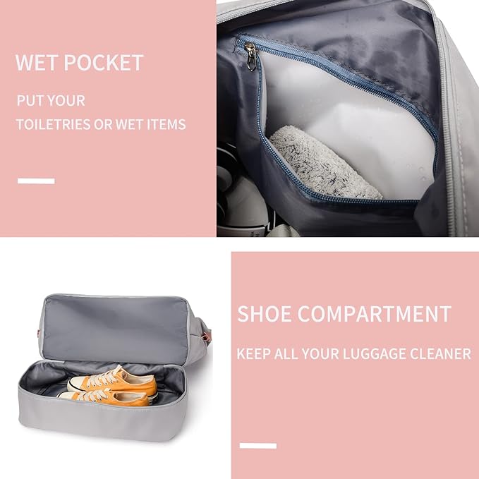 Large Travel Duffel Bag with Shoe Compartment, Gym Tote Carry on Bags for women, Lightweight Duffel Bags with Trolley Sleeve fit for Travel and Sport(Pink)