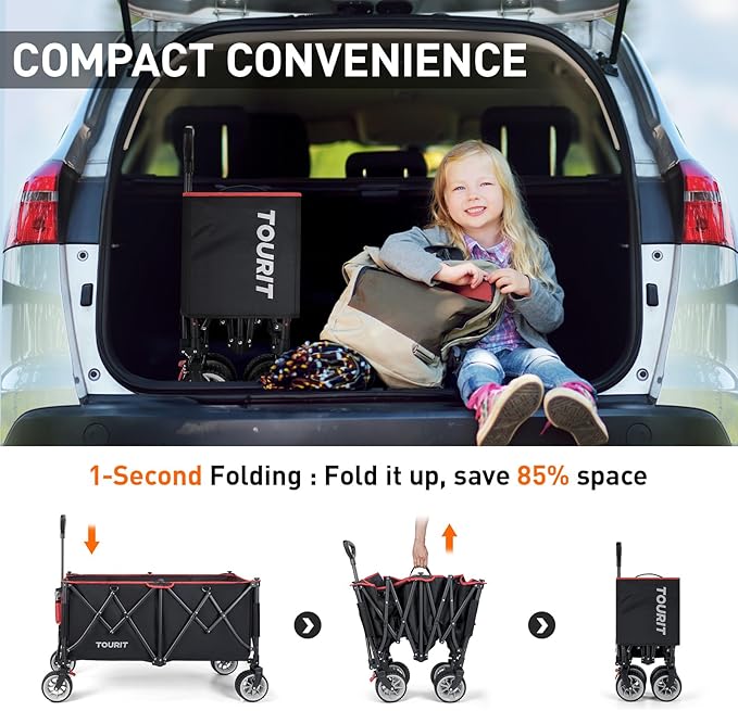 TOURIT 260L Collapsible Foldable Wagon with 330lbs Weight Capacity, Heavy Duty Folding Utility Garden Cart, Beach Wagon with Big Wheels & Drink Holders, Black