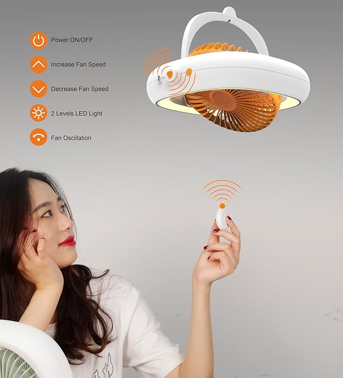 Portable Battery Powered Fan with Remote & Light, Camping Essentials Small Personal Oscillating Rechargeable Travel Fan for Outdoor,Tent,Picnic,Beach, Office
