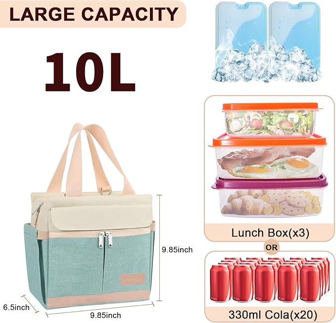 Joymee Lunch Box for Women Insulated Lunch Bag with Shoulder Strap Reusable Leakproof Large Spacious Lunch Cooler Tote for Women Adult with Bottle Holder and Side Pockets for Work - Heather Teal