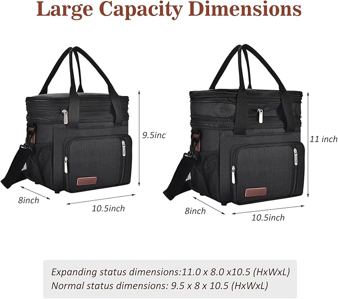 LOKASS Lunch Bag for Women/Men Work, 16L Expandable Double Deck Lunch box, Waterproof Leak-proof Cooler Bag, Portable Meal Prep Lunchbag with Adjustable Shoulder Strap-Black