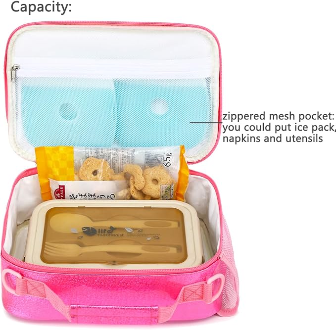 FlowFly Kids Lunch Bag, Durable Insulated School Lunch Box with Shoulder Strap and Bottle Holder, Water-resistant Thermal Small Lunch Cooler Tote for Teen Boys & Girls,Pink#PU