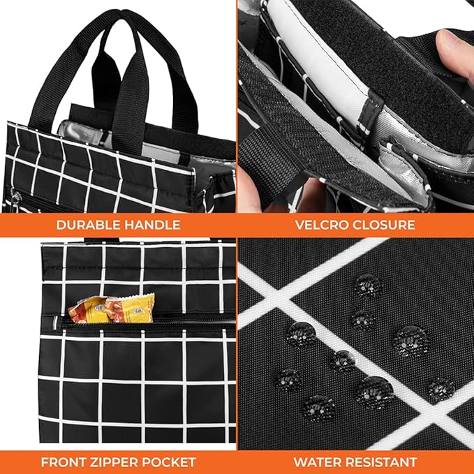 opux Lunch Bag for Women, Insulated Lunch Box Tote for Girls Kids Adult School Work, Reusable Womens Lunch Tote for Office Travel, Cute Small Lunch Tote, Fits 12 Cans - Checker Plaid Black