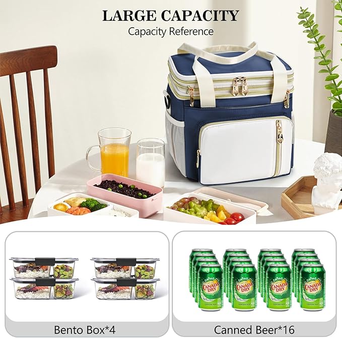 Lunch Box & Lunch Bag for Women Men, Large Insulated Adult Lunch Box Leakproof Lunchbox Cooler Bag for Work Picnic Beach,16L, Dark Blue & White