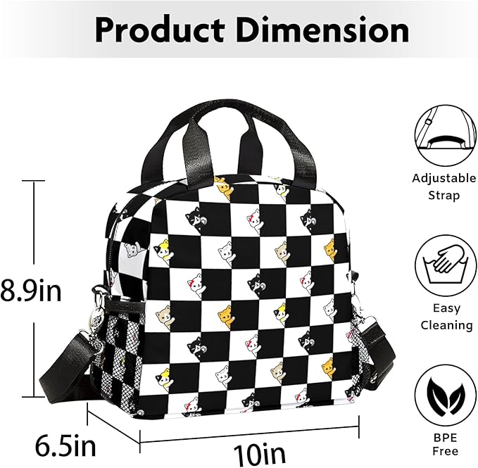 Lunch box Kids,Insulated Cat Lunch Bag Cute Small Checkered Lunch Totebag Reusable Leakproof Lunch Bag With Shoulder Strap for Girls Boys Women School Work Picnic