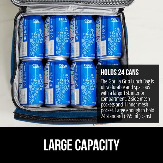 GORILLA GRIP Reusable Insulated Lunch Box Bag for Women Men,15L, Leakproof XL Soft Cooler Bags, Multiple Compartments, Mesh Pockets and Adjustable Strap, Food Tote Keeps Drinks Cold, 13x9, Navy Blue