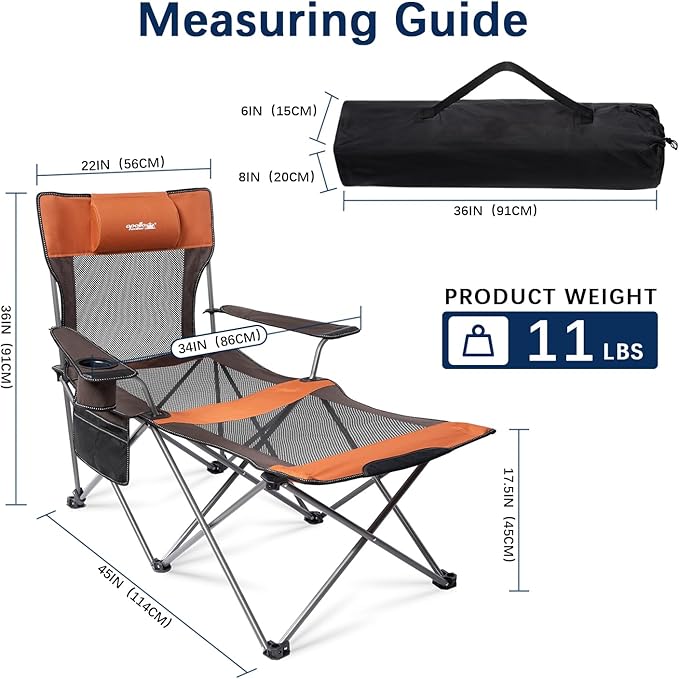 apollo walker Camping Chairs for Adults - 6 Legged Beach Chair with Foot Rest, Breathable Mesh, Adjustable 90° - 135° Reclining Lounge Chair Outdoor, Folding Chairs for Outside with Detachable Pillow