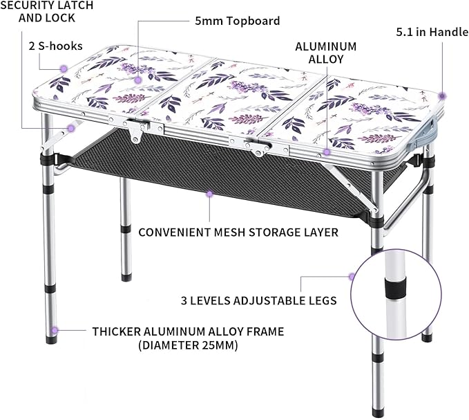 Folding Camping Table 3ft Portable Pinic Table Adjustable Height Small Card Table Aluminum Foldable Lightweight with Carry Handle for Outdoor Indoor Hiking Camp BBQ Beach (Misty Lilac)