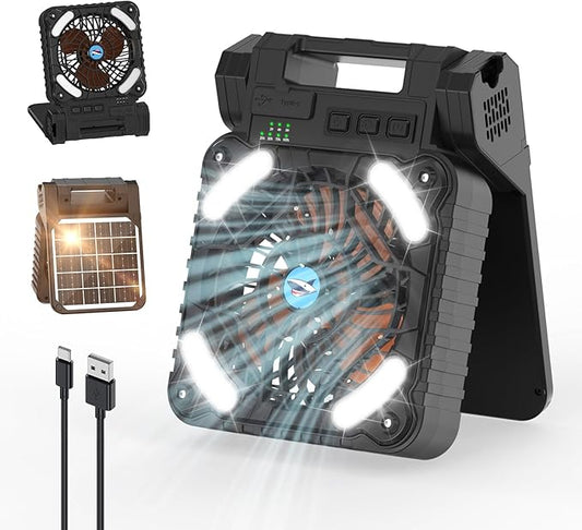 Smiling Shark Camping Fan with LED Lantern, 6000 mAh Rechargeable Solar Camp Fan with 4 Speeds Powerful Wind & 3 Timer 90° Foldable Cordless Portable Tent Fan for Camping Fishing Hiking