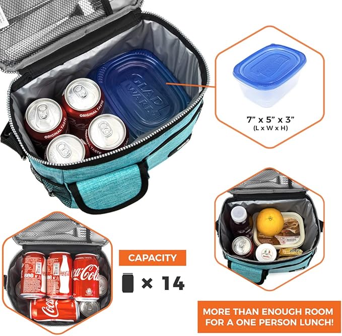 opux Insulated Lunch Bag for Men Women, Leakproof Sea Blue Lunch Box for Work, Portable Soft Lunch Cooler Bag with Shoulder Strap, Adult Lunchbox Lunch Pail for Kid Boy Girl School, 14 Can/8L