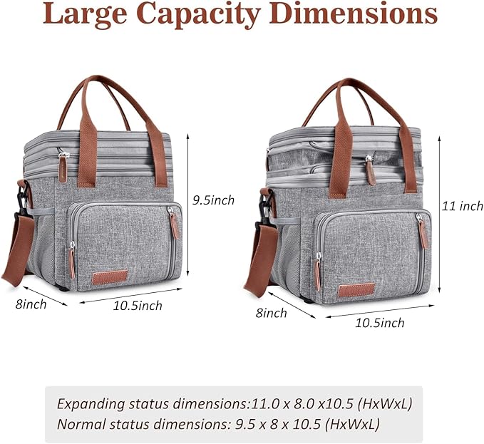 LOKASS Lunch Bag for Women/Men Work, 16L Expandable Double Deck Lunch box, Waterproof Leak-proof Cooler Bag, Portable Meal Prep Lunchbag with Adjustable Shoulder Strap-Grey