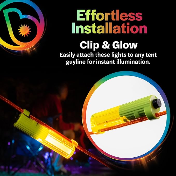 Brightz LED Tent String Lights - Keep Tent Guy-Lines Visible at Night - Campsite Safety Lights