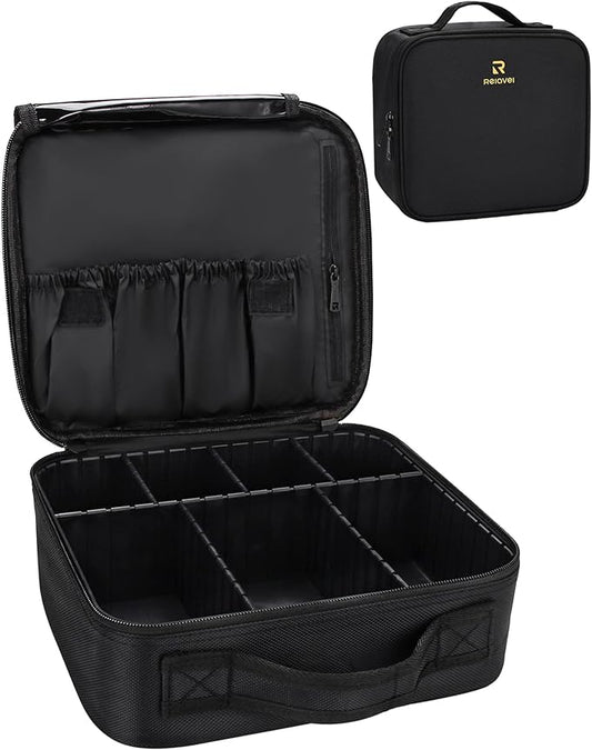 Relavel Makeup Bag, Makeup Organizer Bag Travel Train Case Portable Cosmetic Artist Storage Bag with Adjustable Baffle for Makeup Brush Jewelry (Black)