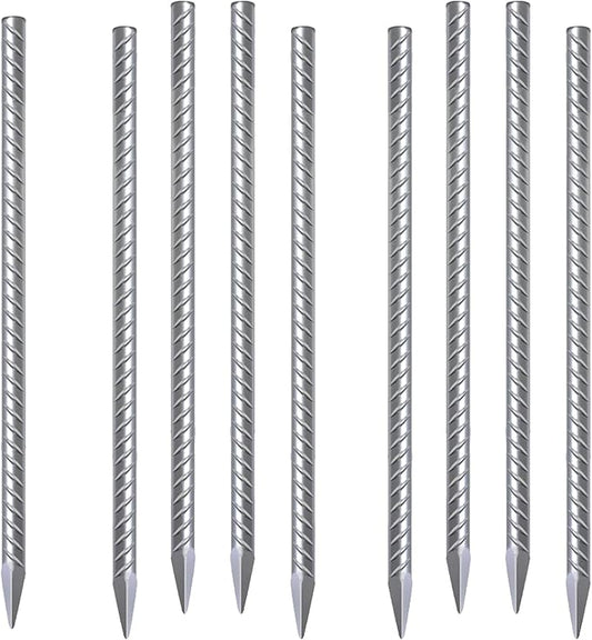 Rebar Stakes 16 Inch 9 Pack Tent Stakes Heavy Duty Metal J Hook, Fence Stakes for Trampoline, Fence, Camping Tent (9, I-16 x2/5""), Silver