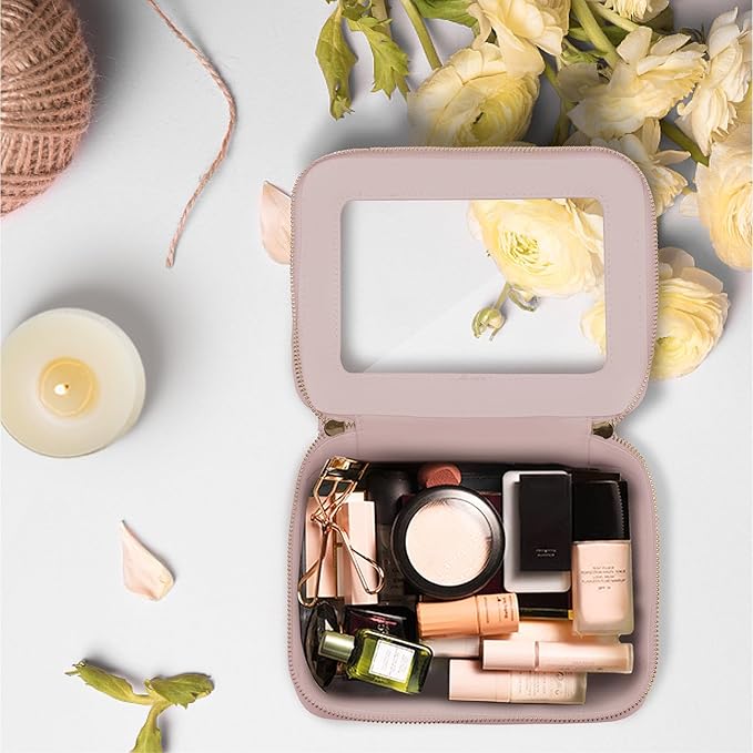 Prite Clear Makeup Bag Cosmetic Organizer Case Waterproof Travel Toiletry Bag Skincare Pouch with Golden Zipper(Pearlescent Pink)