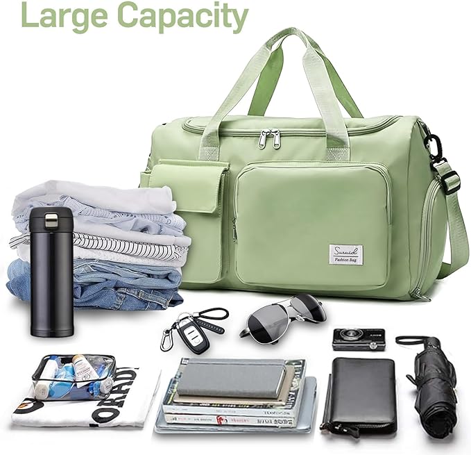 Travel Duffel Bag with Shoes Compartment Sports Gym Bag with Dry Wet Separated Pocket for Men and Women, Overnight Bag Weekender Bag Training Handbag Yoga Bag - Green