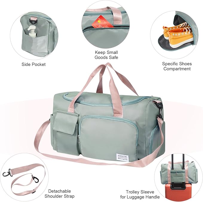 Small Gym Bag for Women, Travel Tote Bag with Compartments, Wet Pocket, Zipper for Dance, Swim, Sports Overnight Bag Green with Pink Handles