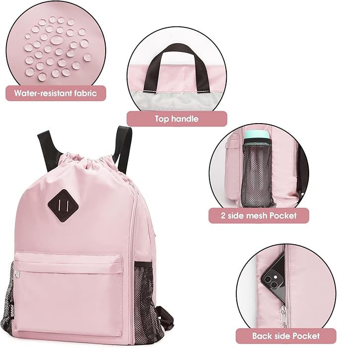 WANDF Drawstring Backpack Sports Gym Bag with Shoes Compartment, Water-Resistant String Backpack Cinch for Women Men (Large,Pink)