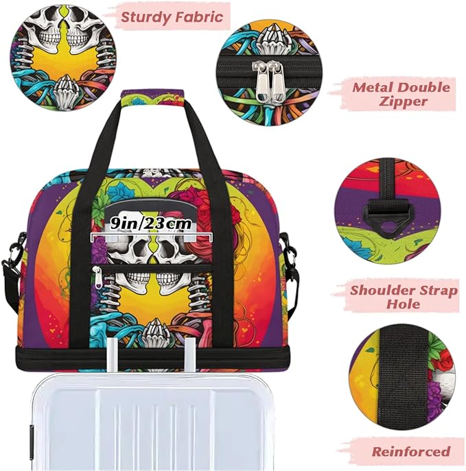 cfpolar Woman Travel Duffel Bag Heart Skull Foldable Tote Carry On Luggage Sports Gym Bag With Shoe Compartment Overnight Weekend Yoga Workout Bag Training Handbag