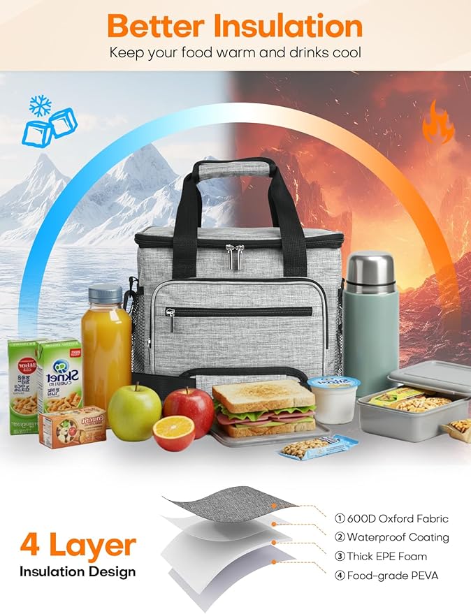 Insulated Lunch Bag, 15L Large Leakproof lunchbag Lunch Boxes for Adult Men Women, Soft Cooler Bags with 6 Pockets and Carabiner Clip for Work Picnic Travel (Gray)