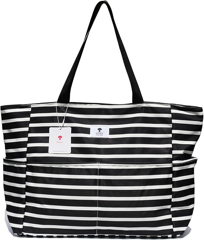 ESVAN Large Foldable Beach Bag for for Women with Dry Wet Compartment Waterproof Sandproof Travel Gym Picnic Handbag