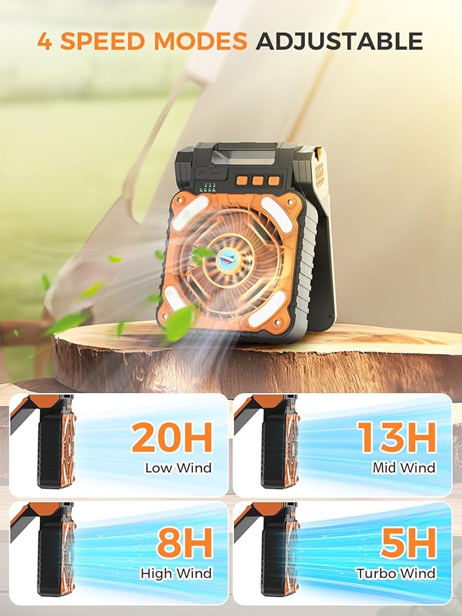 Smiling Shark Camping Fan With LED Lantern, 4 Speeds Powerful Wind Portable 6000 mAh Solar Rechargeable 90° Foldable Camp Fan With Power Bank & 3 Timer Cordless Tent Fan For Camping Fishing Hiking