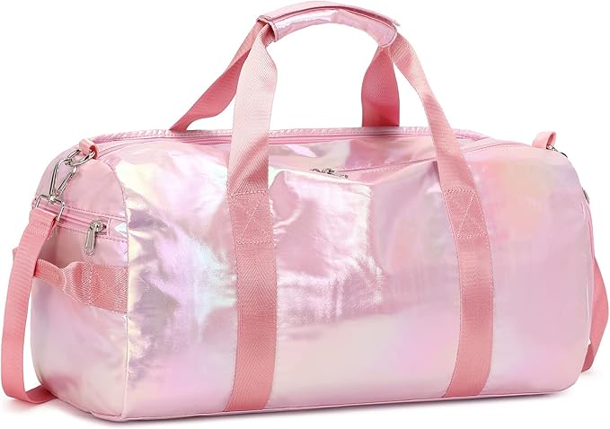 Gym Duffle Bag for Kids Girls Sports - Dance Cheerlead Overnight Weekender with Shoe Compartment - Pink