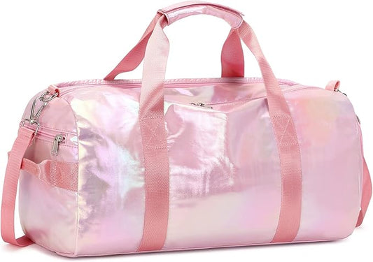 Gym Duffle Bag for Kids Girls Sports - Dance Cheerlead Overnight Weekender with Shoe Compartment - Pink
