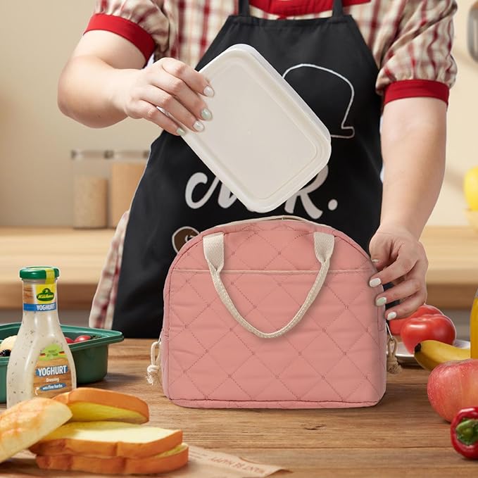 Pink Quilted Lunch Tote Bag, Insulated Thermal Cooler, Portable and Reusable Large Capacity for Office, School, or Picnic, 8.5L