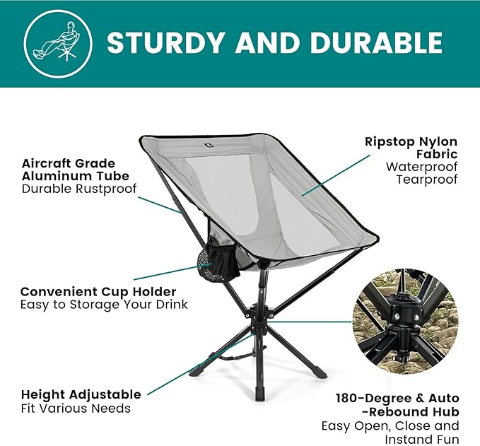 Portable Camping Chair - SwivelCore 180 Swivel & Auto-Return, Small Compact Lightweight Folding Chairs for Adults, Outdoor Backpack Chair for Adventures, Setup in Seconds, Support 300 LBS