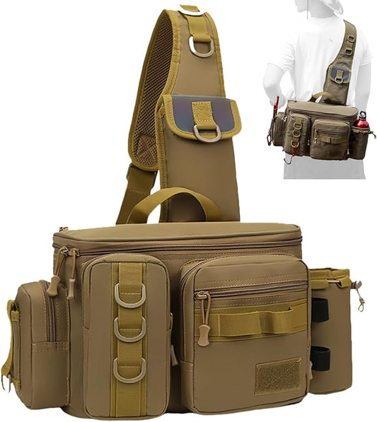 YIANTU-Fishing Tackle Backpack Fishing Fanny Pack Crossbody Bag Fishing Tackle Box Organizer with Rod & Gear Holder, Ideal for Fishing, Camping, Hiking and More!, 16.5*8.3*6.7inches