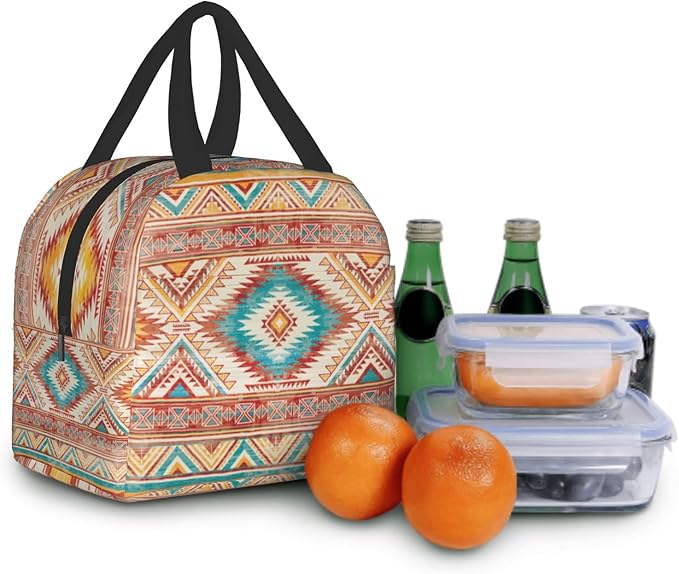 Giwawa Aztec Ethnic Lunch Box Native American Southwestern Tribal Geometric Thermal Lunch Bag with Front Pocket Insulated Meal Cooler Handbag for Kids Teens Girls Picnic Men Women Work
