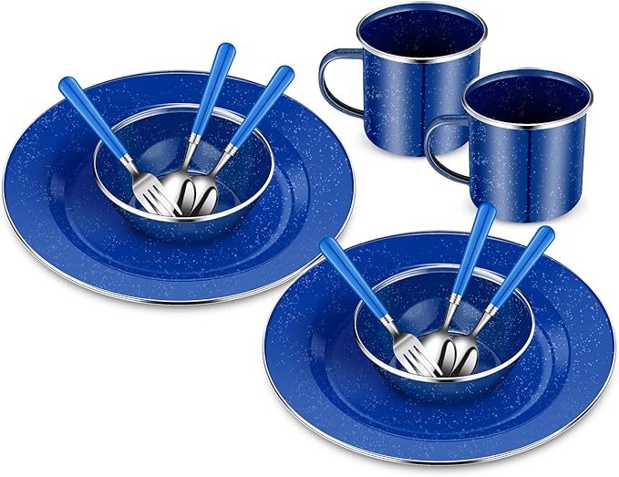 Nuogo 12 Pcs Enamel Camping Tableware Set Camping Complete Dinnerware Kit Coffee Mugs Plates Bowls Utensils Set with Knife Fork Spoon for 2 People Hiking Picnic(Blue)