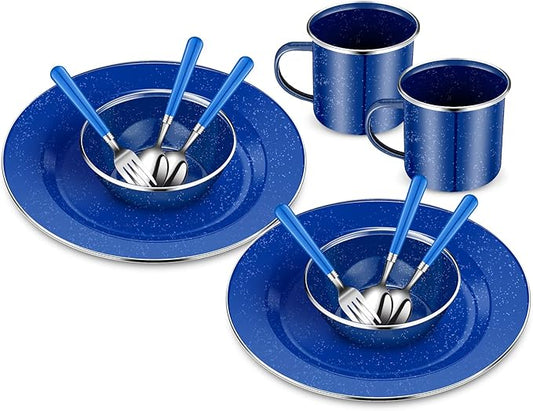 Nuogo 12 Pcs Enamel Camping Tableware Set Camping Complete Dinnerware Kit Coffee Mugs Plates Bowls Utensils Set with Knife Fork Spoon for 2 People Hiking Picnic(Blue)