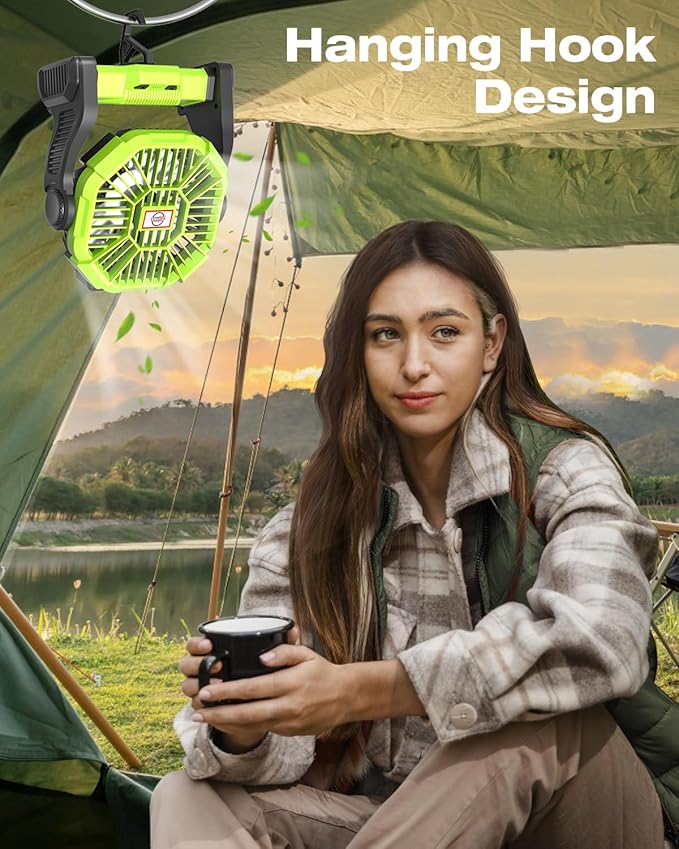 Camping Fan Rechargeable, Cordless Battery Powered Camping Fan with LED Lantern, Hanging Hook, 270°Rotation, 20000mAh Personal Battery Operated for Beach, Picnic, Fishing, Travel, Tent, BBQ